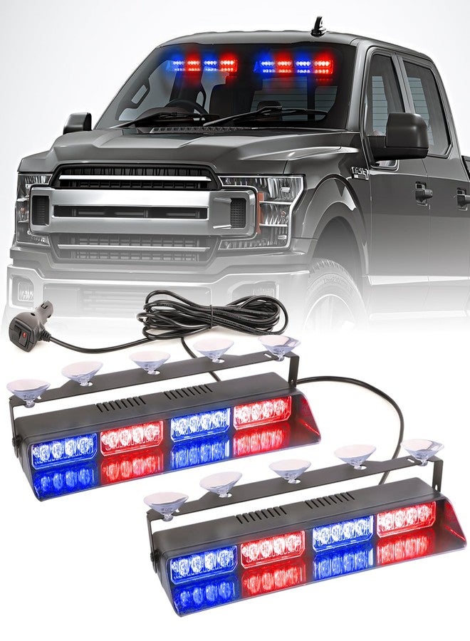 PKINGLAKE 2 in 1 LED Emergency Dash Strobe Light Bar Front/Rear Windshield Safety Flashing Warning Hazard Interior Lights for Police Firefighter Construction Vehicles Trucks (2x14 inch, Blue/Red) - Image 1