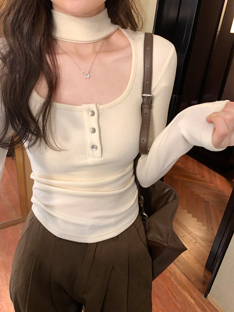 Korean Style Ins Pure Desire Halter Pink Long-Sleeved T-Shirt For Women Short Waist-Tight All-Match Sweater - Image 2