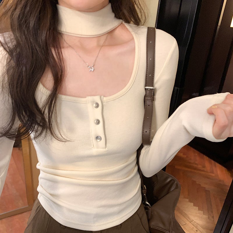 Korean Style Ins Pure Desire Halter Pink Long-Sleeved T-Shirt For Women Short Waist-Tight All-Match Sweater - Image 1
