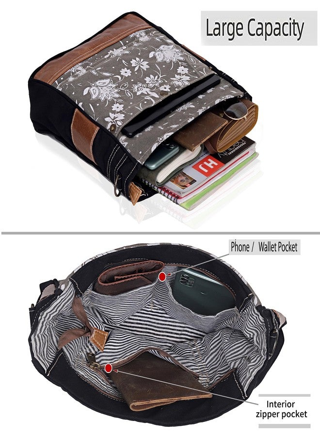 CREATIVE LEATHER ART حقائب كرييتيف ليذر آرت سي إل إيه، مصنوعة من قماش الكانفاس المعاد تدويره بنقشة زهور باللون الأخضر الزيتوني، حقيبة كتف وحقيبة كروس بودي من الكانفاس للنساء، باللونين الأخضر الزيتوني والأسود. - Image 3