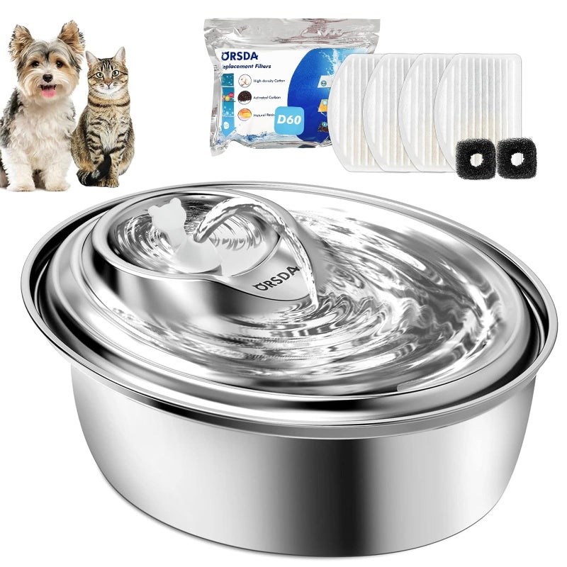 ORSDA Cat Water Fountain Stainless Steel 3L Automatic Pet Drinking Fountain for Cats Inside Dog Water Dispenser with Adjustable Water Flow and 6 Replacement Filters for Cats Dogs