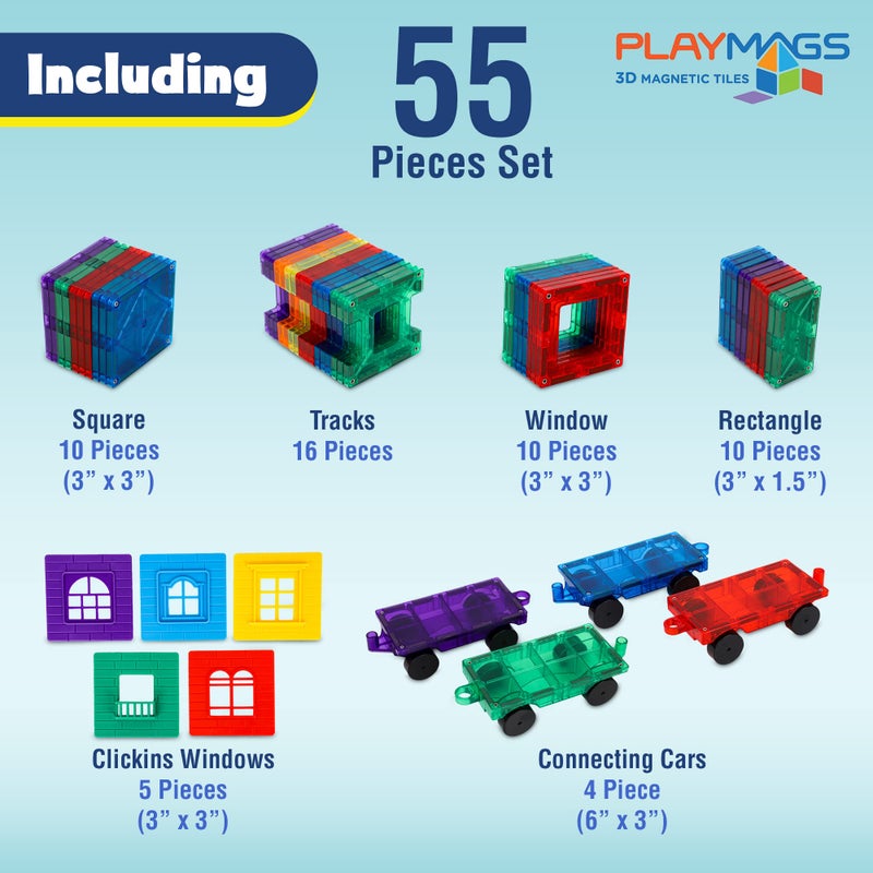 Playmags Magnetic Tiles Train Car Set for Kids - 55pcs Magnet Building Blocks Accessory Set with 4 Cars - Durable Creative STEM Learning Toys for Boys, Girls & Toddlers - Image 2