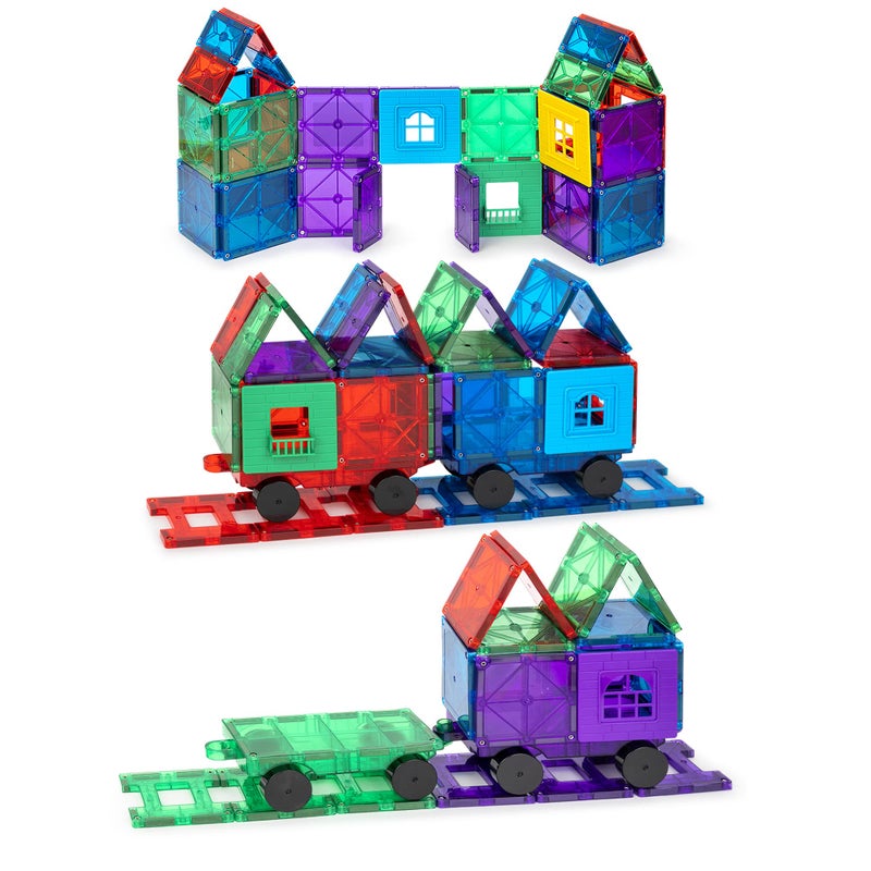 Playmags Magnetic Tiles Train Car Set for Kids - 55pcs Magnet Building Blocks Accessory Set with 4 Cars - Durable Creative STEM Learning Toys for Boys, Girls & Toddlers - Image 1
