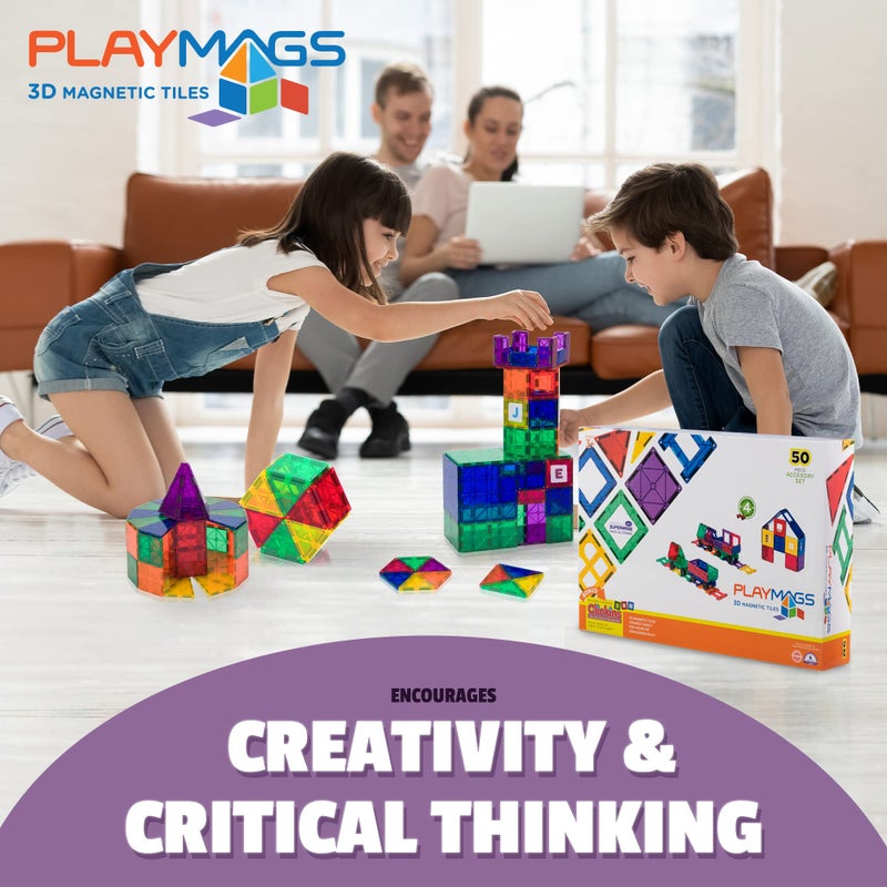 Playmags Magnetic Tiles Train Car Set for Kids - 55pcs Magnet Building Blocks Accessory Set with 4 Cars - Durable Creative STEM Learning Toys for Boys, Girls & Toddlers - Image 4