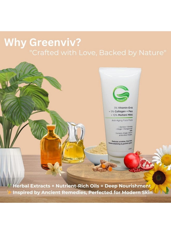 Greenviv 3% Vitamin E & A + 5% Collagen & Pea protein + 10% Multani Mitti Anti-Aging Face Pack | Reduces Wrinkles & Fine Lines | 100gm - Image 4