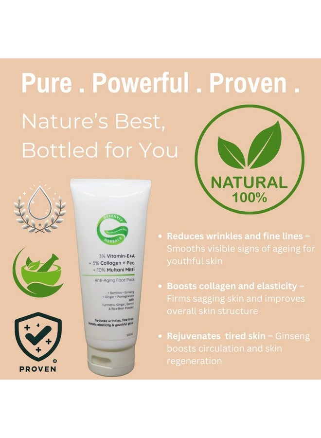 Greenviv 3% Vitamin E & A + 5% Collagen & Pea protein + 10% Multani Mitti Anti-Aging Face Pack | Reduces Wrinkles & Fine Lines | 100gm - Image 2