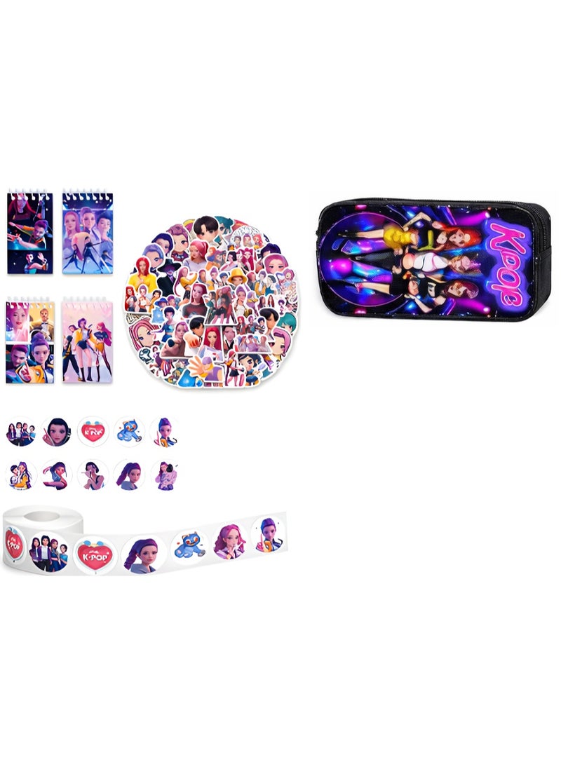 KPOP Sticker Bundle Set MIRA RUMI ZOEY – 500 PCS Sticker Roll (1 Roll) + 100 PCS Movie Hunter Stickers + Pencil Case + 4 PCS Spiral Notebooks | Cute KPOP Stationery Gift Set for Students, Teens & Fans - Image 1