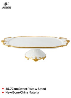 Life Smile LIFE SMILE White Cake Plate with Floral Gold Stand - Luxury Bone China Pastry & Dessert Server  - Image 2