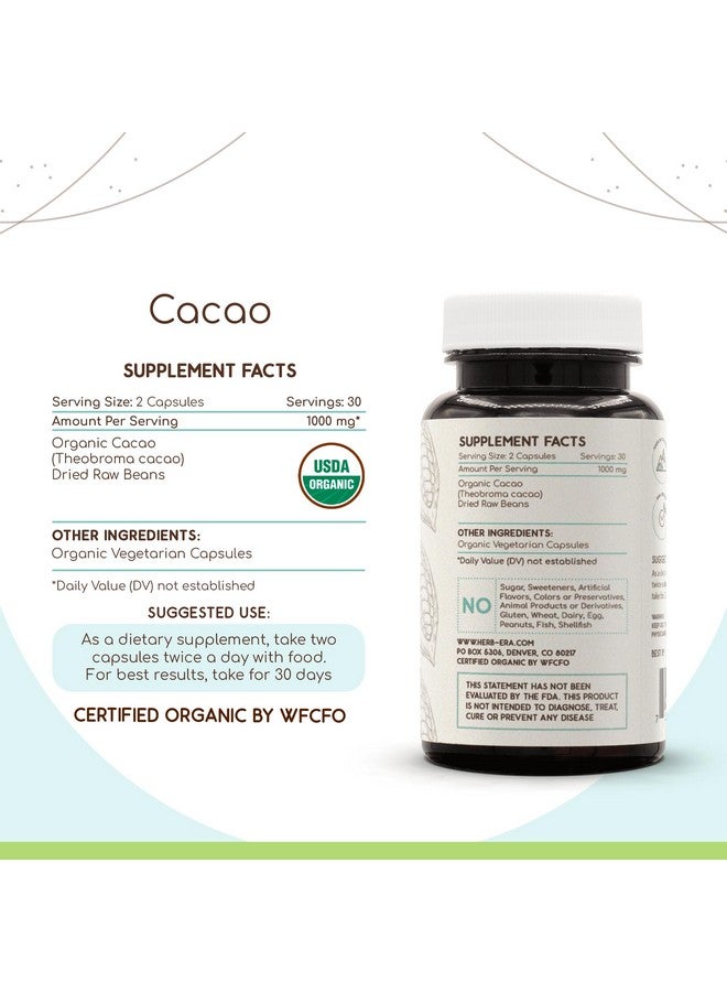 HerbEra Cacao USDA Organic 60 Capsules | Natural Herbal Supplement | Certified Organic Vegetarian Capsules and Organic Cacao (Theobroma Cacao) Dried Raw Beans (60 Capsules) - Image 4