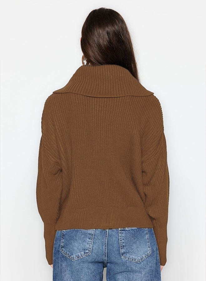 trendyol كارديجان محبوك بسحاب بياقة قابلة للطي بنمط واسع بني فاتح - Image 5