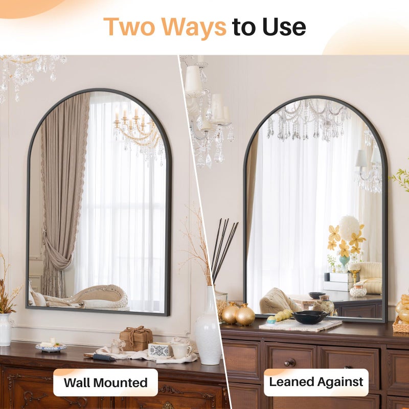 Atilioo Bathroom Mirror for Wall, 36x24 Inch Arched Mirror, Matte Black Metal Framed Bathroom Vanity Mirror for Restroom Farmhouse, Anti-Rust, Tempered Glass, Hanging or Leaning - Image 3