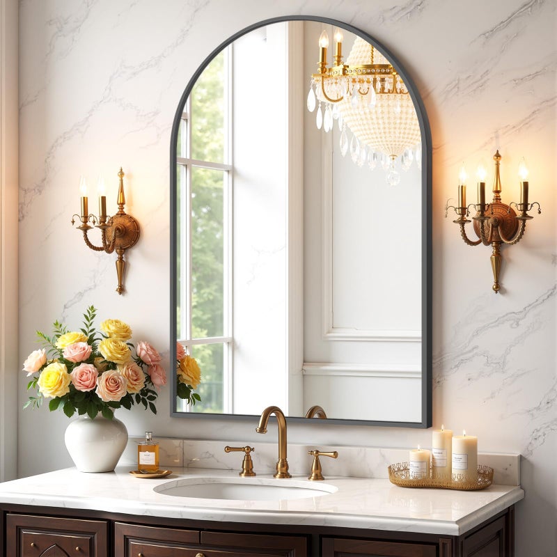 Atilioo Bathroom Mirror for Wall, 36x24 Inch Arched Mirror, Matte Black Metal Framed Bathroom Vanity Mirror for Restroom Farmhouse, Anti-Rust, Tempered Glass, Hanging or Leaning - Image 1