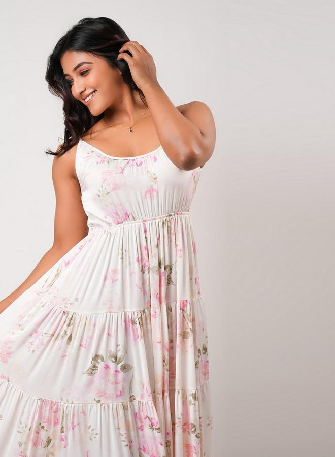Aadaraya Sleeveless Tiered Maxi Night Gown with Floral Print - Image 5