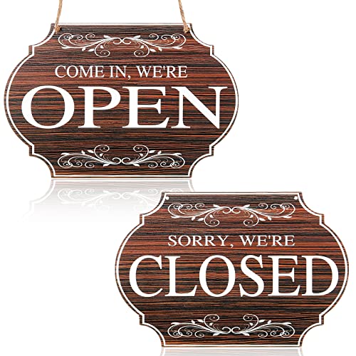 Blulu Open and Closed Business Signs Sided Wooden Open Signs with Rope for Coffee Bar Shop Door Window, 11.8 x 7.8 Inch (Brown Board, White Words) - Image 1