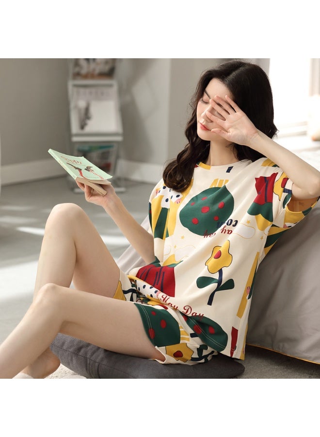 Ladies Pajamas Sweet Style Crew Neck Short Sleeve Shorts  Student Casual Wear Two Piece Cute Sleepwear Homewear - Image 1