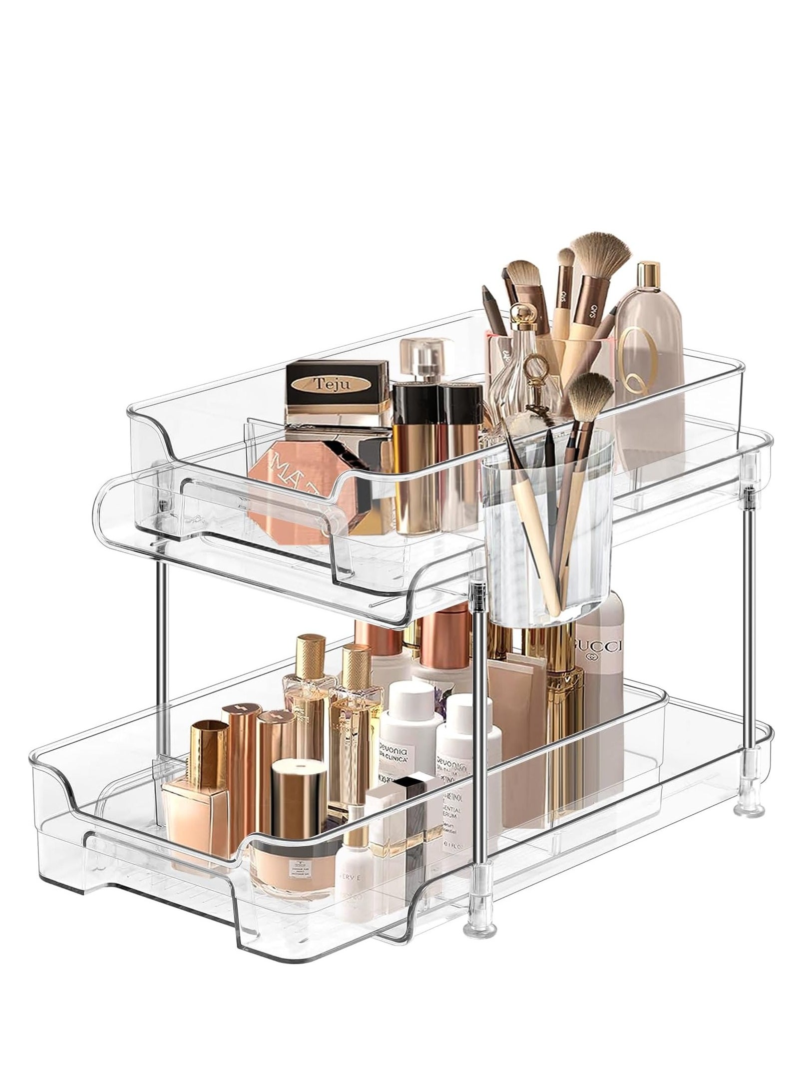 Under Sink Organizer, 2 Tier Bathroom Organizer, Clear Organizer with Dividers and Cups, Multi-Purpose Slide-Out Storage Container for Cabinet, Fridge, Kitchen, Makeup, Office Desk 