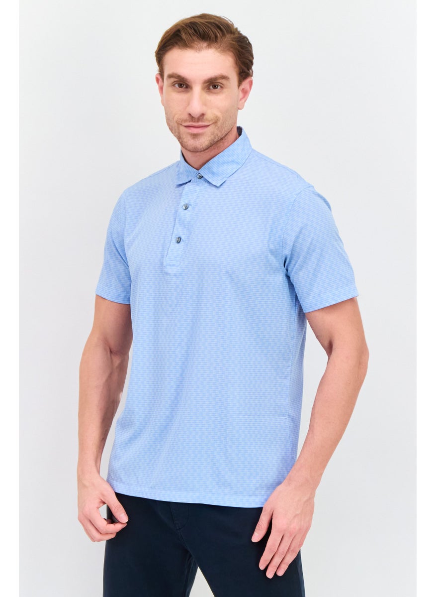 Jachs New York Men Regular Fit Allover Print Short Sleeve Polo Shirt, Light Blue  - Image 1