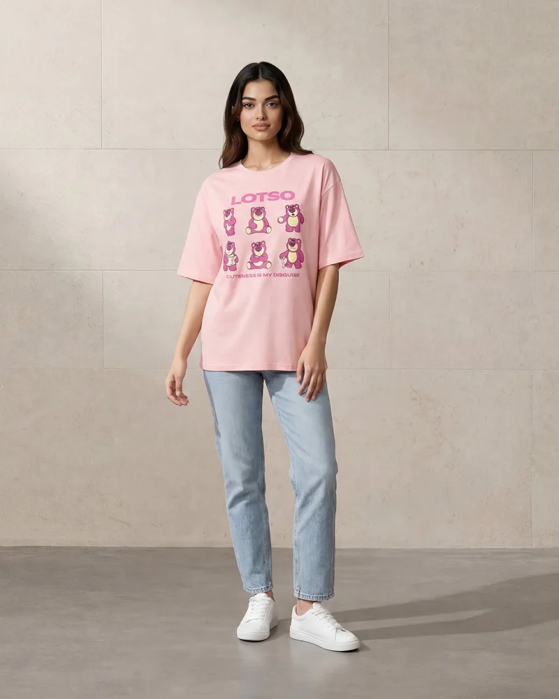 ردتاغ Women Pink Printed Lotso Graphic Oversized T-Shirt
