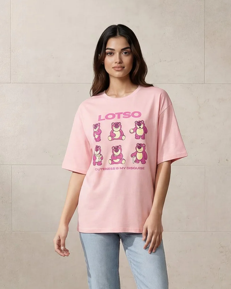ردتاغ Women Pink Printed Lotso Graphic Oversized T-Shirt