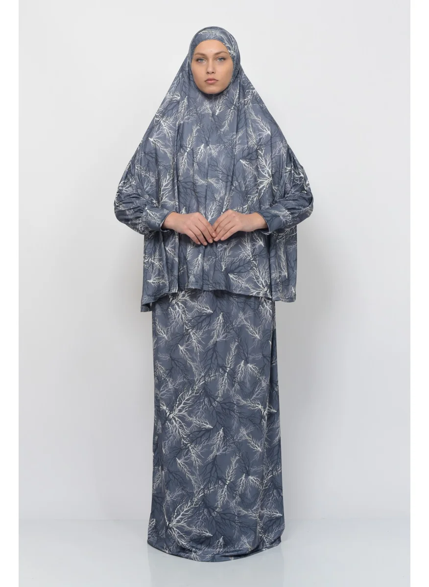 التوبة Practical Two Piece Tree Patterned Bat Sleeves Lycra Hijab Prayer Dress with Headscarf 992-0711