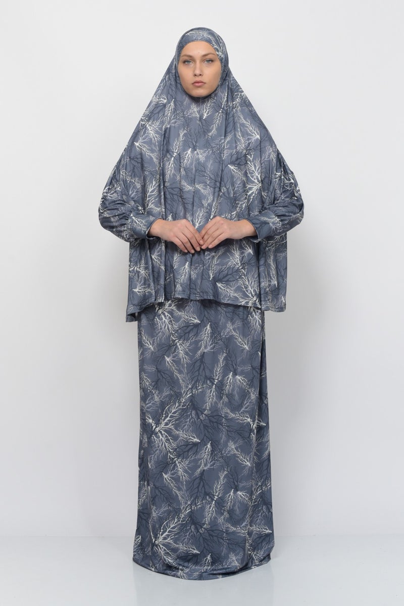 Altobeh Practical Two Piece Tree Patterned Bat Sleeves Lycra Hijab Prayer Dress with Headscarf 992-0711  - Image 1