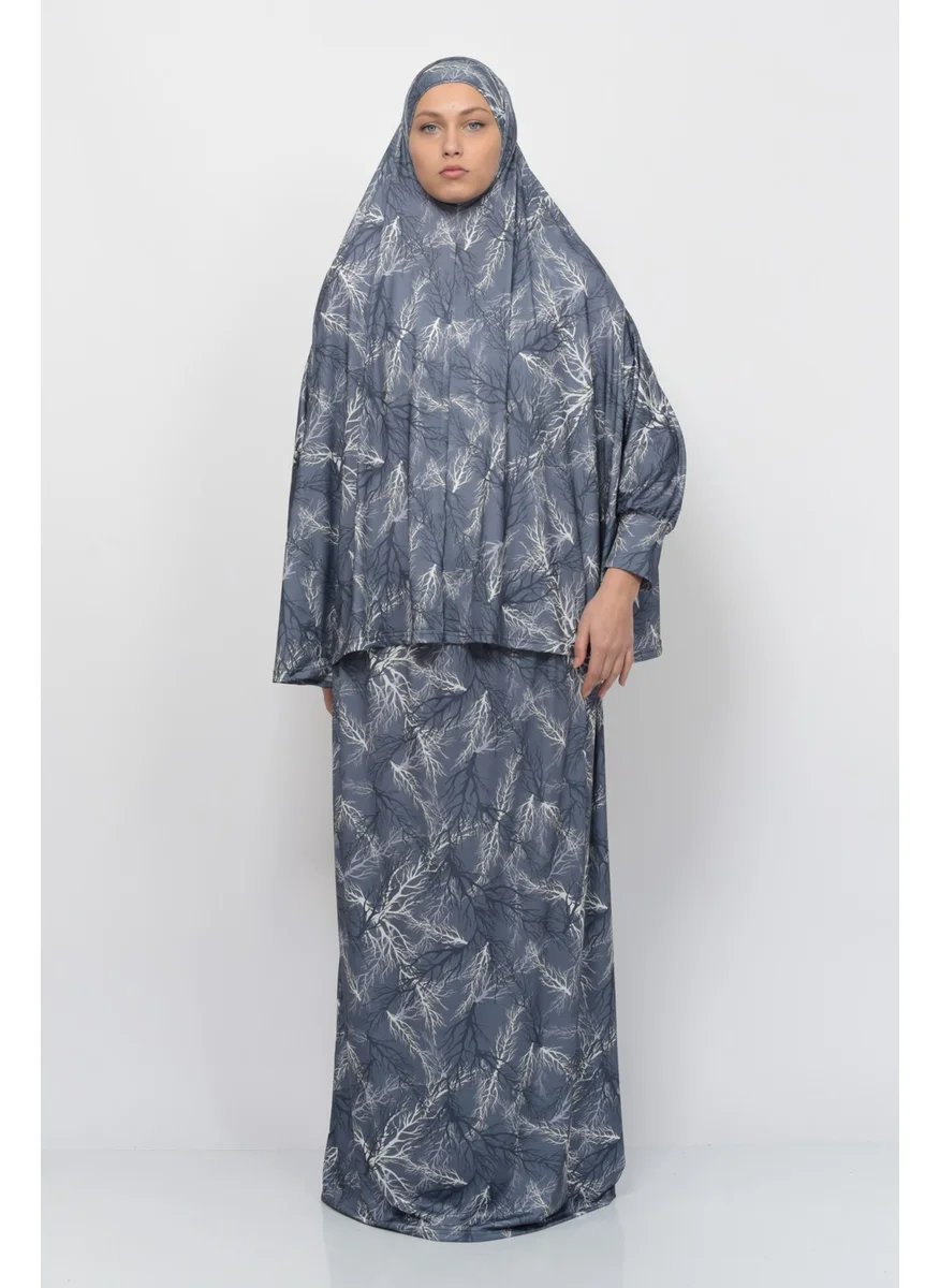 التوبة Practical Two Piece Tree Patterned Bat Sleeves Lycra Hijab Prayer Dress with Headscarf 992-0711