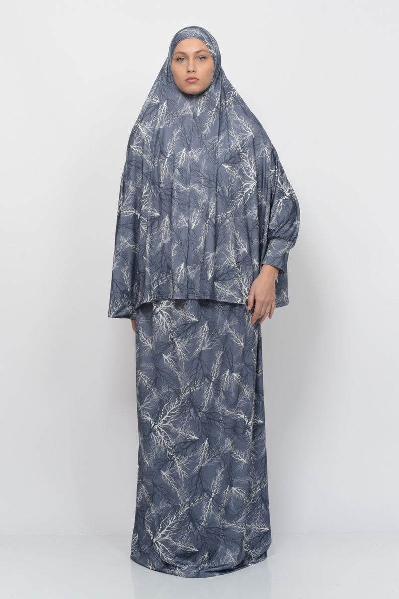 Altobeh Practical Two Piece Tree Patterned Bat Sleeves Lycra Hijab Prayer Dress with Headscarf 992-0711  - Image 3
