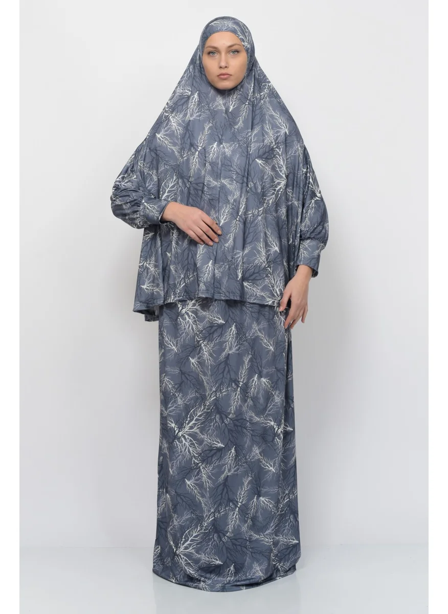 التوبة Practical Two Piece Tree Patterned Bat Sleeves Lycra Hijab Prayer Dress with Headscarf 992-0711