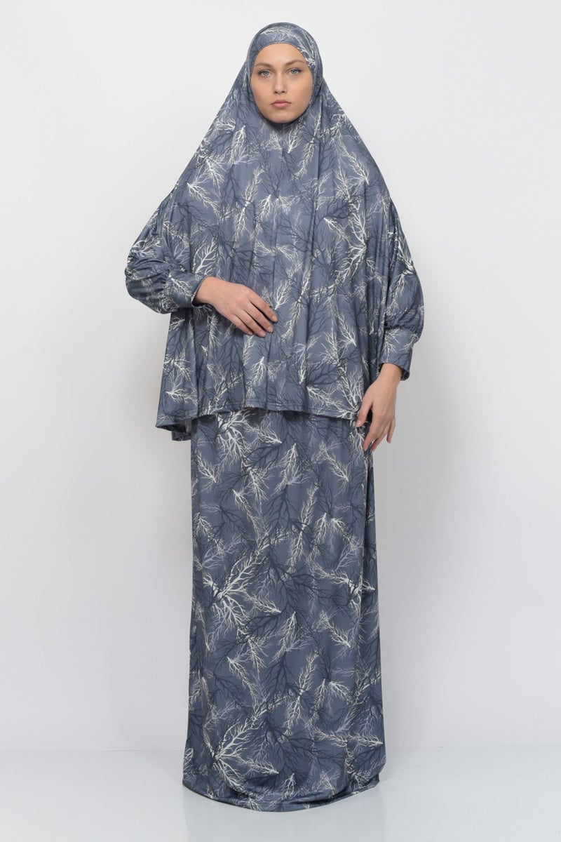 Altobeh Practical Two Piece Tree Patterned Bat Sleeves Lycra Hijab Prayer Dress with Headscarf 992-0711  - Image 2