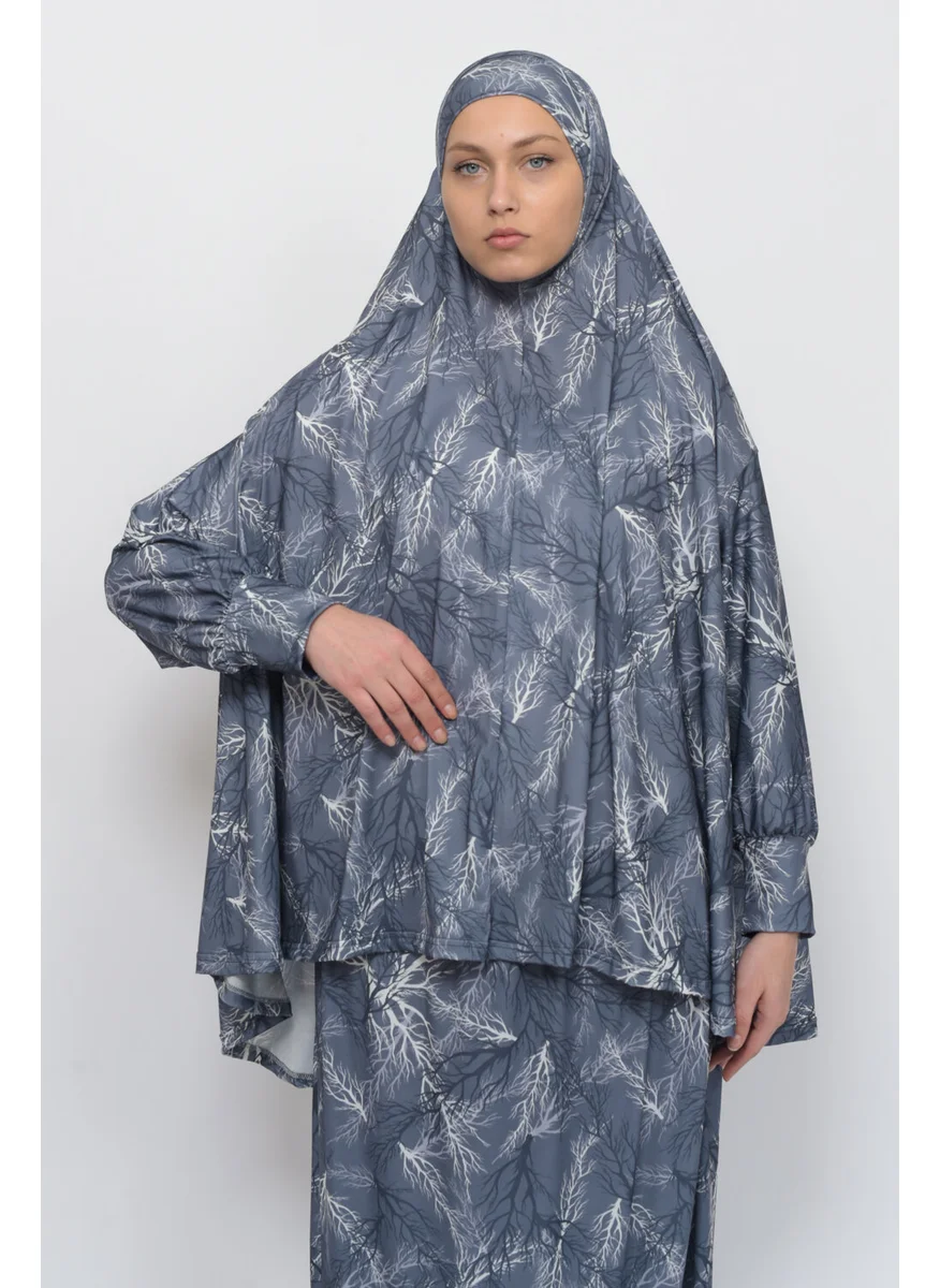 التوبة Practical Two Piece Tree Patterned Bat Sleeves Lycra Hijab Prayer Dress with Headscarf 992-0711