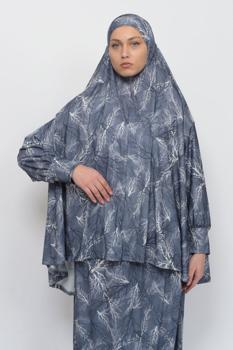 Altobeh Practical Two Piece Tree Patterned Bat Sleeves Lycra Hijab Prayer Dress with Headscarf 992-0711  - Image 4