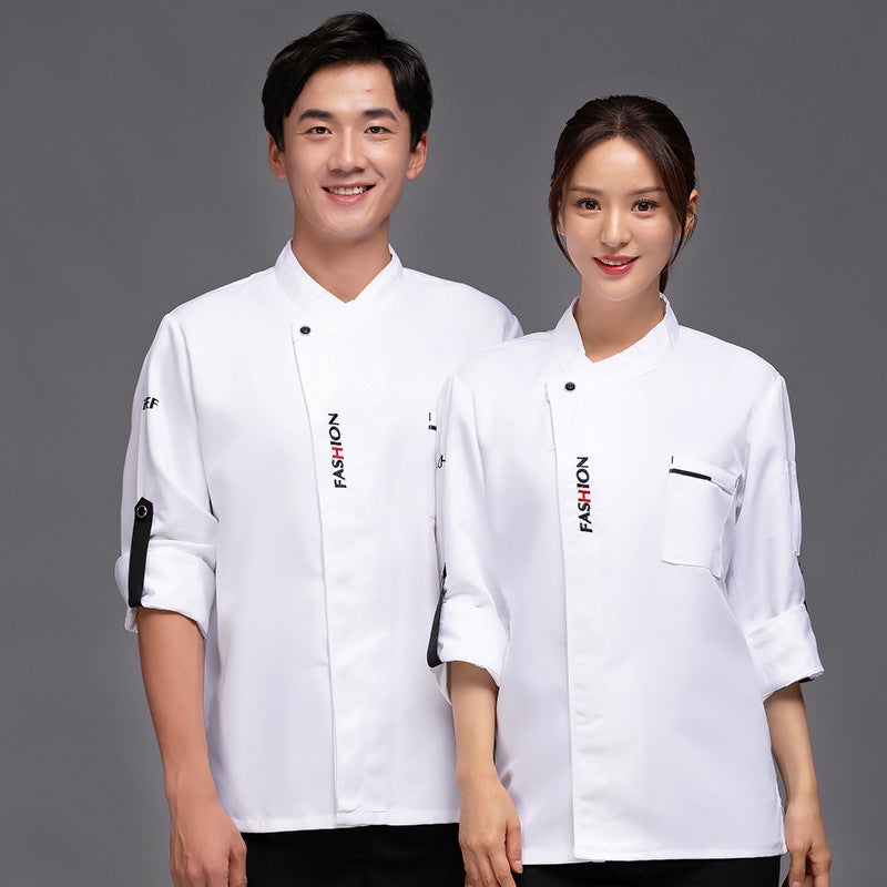 Canteen Chefs Clothes Restaurant Dining Overalls Mens and Womens Breathable Kitchen Hotel Western Restaurant Chefs Clothes Long Sleeve Printing White single top 