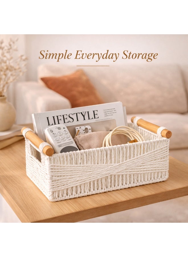 Homesmiths Paper Rope Storage Basket with Handles Small White 37 x 23 x 15 cm - Woven Organizer Basket without Liner for Shelves, Bathroom, Kitchen, Toys, Accessories, Decorative Storage Box - Image 5