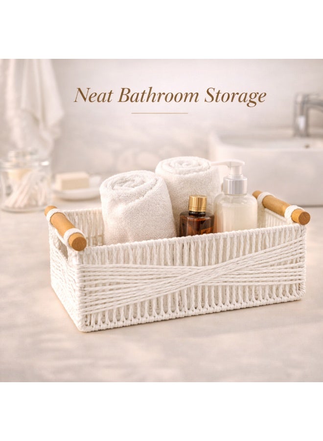 Homesmiths Paper Rope Storage Basket with Handles Small White 37 x 23 x 15 cm - Woven Organizer Basket without Liner for Shelves, Bathroom, Kitchen, Toys, Accessories, Decorative Storage Box - Image 4