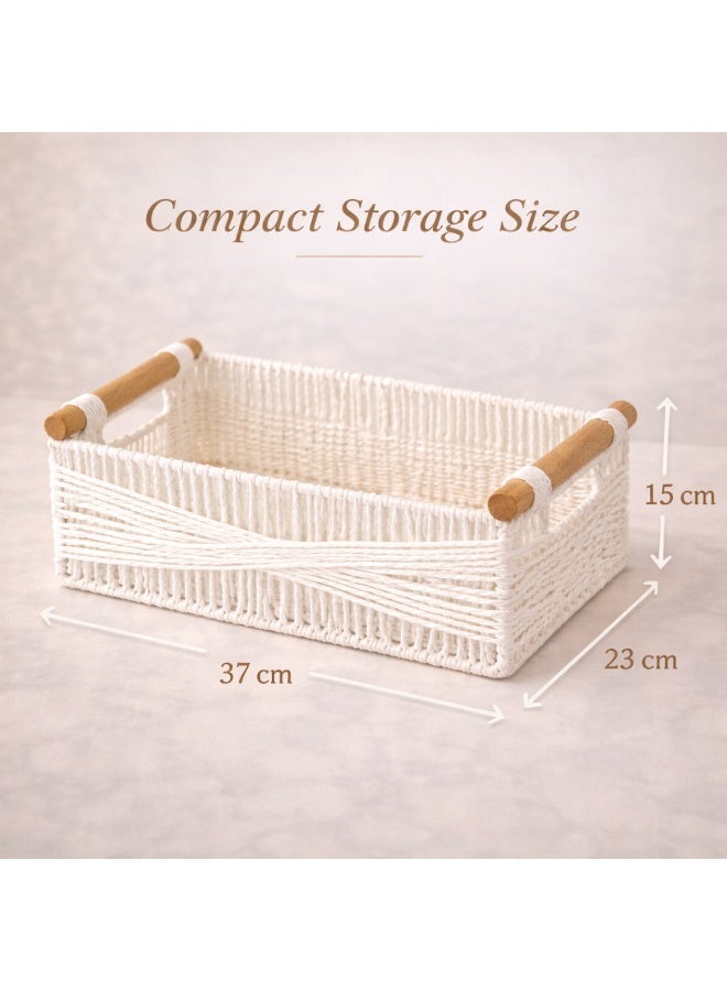 Homesmiths Paper Rope Storage Basket with Handles Small White 37 x 23 x 15 cm - Woven Organizer Basket without Liner for Shelves, Bathroom, Kitchen, Toys, Accessories, Decorative Storage Box - Image 2