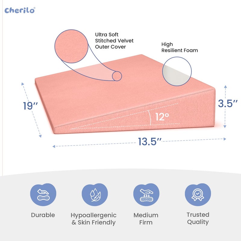 Cherilo Cherilo Half Size Elevated Wedge Pillow for Baby Crib Mattress Helps to Elevate Baby for Acid Reflux Colic GERD Heat Burn Vomiting 19 x 135 x 35 with Removable Velvet Cover Peach - Image 4