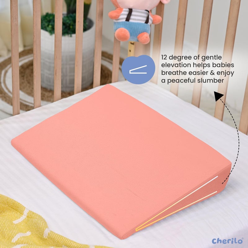 Cherilo Cherilo Half Size Elevated Wedge Pillow for Baby Crib Mattress Helps to Elevate Baby for Acid Reflux Colic GERD Heat Burn Vomiting 19 x 135 x 35 with Removable Velvet Cover Peach - Image 2