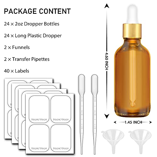 Bumobum 2 oz Dropper Bottle, Amber Glass Eye Dropper Bottles with Golden Top Cap for Essential Oils, 24 pack Tincture Bottle with Labels and Funnel - Image 3