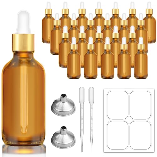 Bumobum 2 oz Dropper Bottle, Amber Glass Eye Dropper Bottles with Golden Top Cap for Essential Oils, 24 pack Tincture Bottle with Labels and Funnel - Image 1