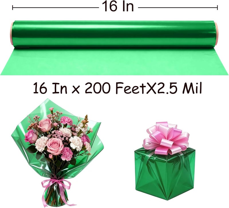 Tickjoy 200 ft Green Cellophane Wrap Roll (16 In x 200 Feet) - 2.5 Mil Thick for Gift Baskets, Bouquets, Party Decorations - Image 2