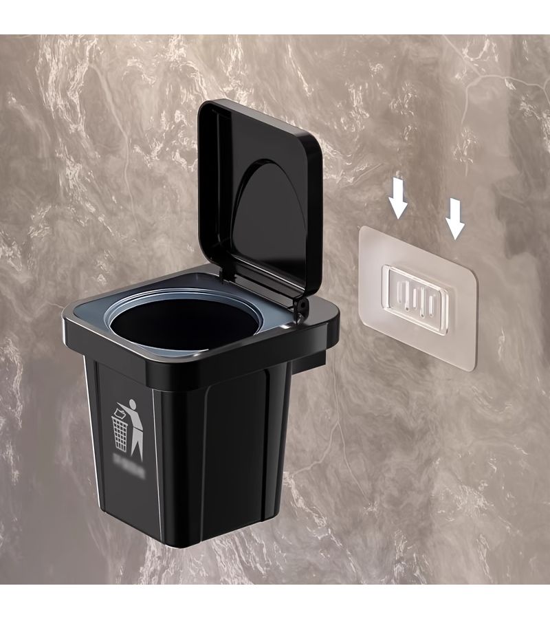 Black Wall Mounted Trash Can With Lid Desktop Ashtray No Drilling - Image 5