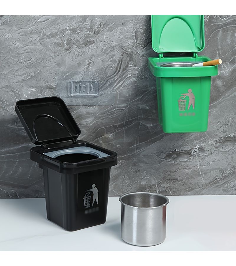 Black Wall Mounted Trash Can With Lid Desktop Ashtray No Drilling - Image 3