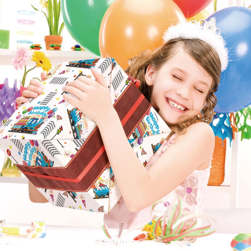 SaringSwoon ورق تغليف قطار عيد الميلاد من SaringSwoon للأولاد الصغار - غلاف هدايا أبيض مع بالونات عيد ميلاد سعيد بالقطار، كعكة وهدايا، مسارات قطار لاستحمام الطفل - 28 × 40 بوصة، 4 أوراق مطوية - Image 2
