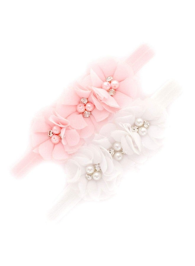 My Lello Baby Flower Headbands Fabric Beaded Trio Stretchy Elastic Pair (Light Pink/White) - Image 1