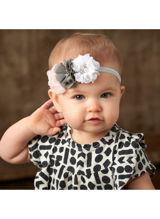 My Lello Baby Flower Headbands Fabric Beaded Trio Stretchy Elastic Pair (Light Pink/White) - Image 2