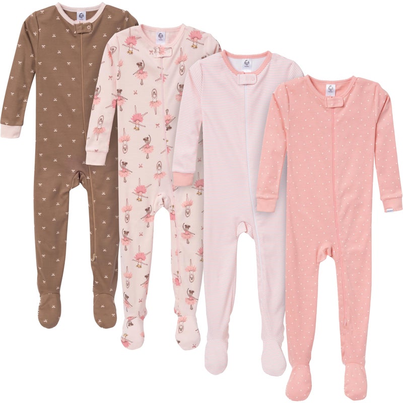 Gerber Baby-Girls 4-Pack Footed Pajamas, Ballerinas, 12 Months - Image 1