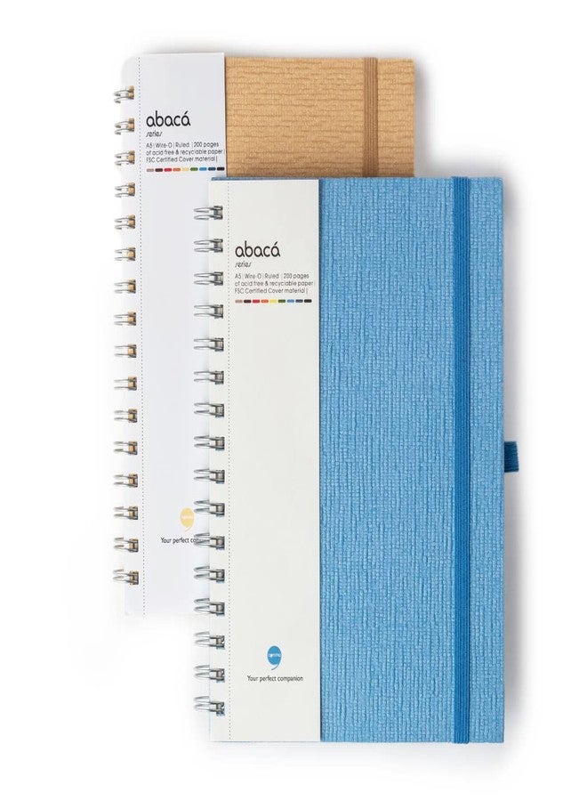 COMMA Abaca - A5 Size - Wire-O-Bound Spiral Notebook with Pen & Elastic Band Closure - 200 Pages - 80gsm Natural Shade Paper - Textured Cover Material - Pack of 2 - (Sky Blue + Beige) - Image 2