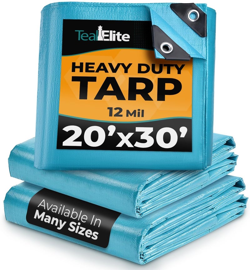 Teal Elite Tarps Heavy Duty Waterproof 20x30-12 mil Thick Camping Tent - Blue Tarp 20x30 UV Resistant, Rip & Tear Proof with Metal Grommets â€“ Multipurpose Use for Camping, Tent, Boat, RV, Car, & Pool Cover - Image 1