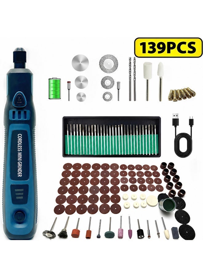 طقم أداة دوارة صغيرة لاسلكية 139 قطعة مع الملحقات، قلم جلخ كهربائي قابل للشحن عبر USB للنقش والنحت والطحن والتلميع والصنفرة والقطع والحفر والتفريز وأعمال الحرف اليدوية والإصلاح - Image 1