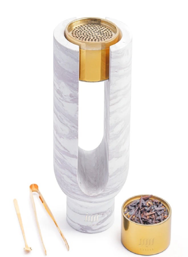 Layers Ofra (Volacas) Large Incense Burner / Candle Holder – Natural Marble – Gold Candle - Image 1